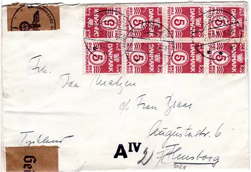 Dänemark 1941, 8er-Block 5 öre auf Zensur Brief v. Haderslev n. Flensburg