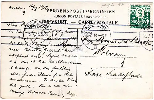 Dänemark 1913, 5 öre m. perfin HP auf Karte v. Kopenhagen 