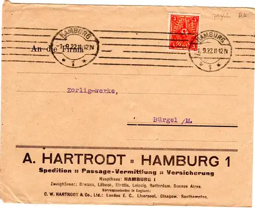 DR 1922, 3 Mk. m. perfin AH auf Firmen Brief v. Hamburg