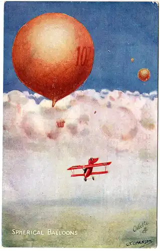 Sperical Balloons, ungebr. Künstler Farb-AK m. Fesselballon u. Flugzeug