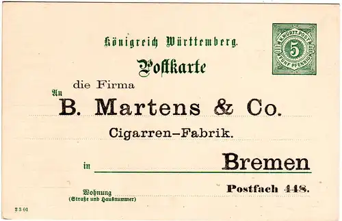 Württemberg, ungebr. 5 Pf. Ganzsache m. Zudruck Martens&Co. Zigarren Bremen