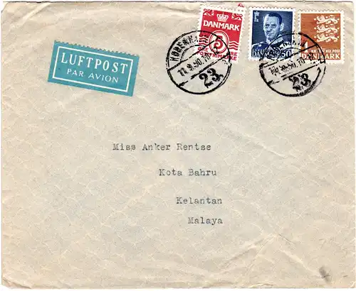 Dänemark 1950, 5+50 öre+1 Kr. auf Luftpost Brief v. Kopenhagen n. Malaya