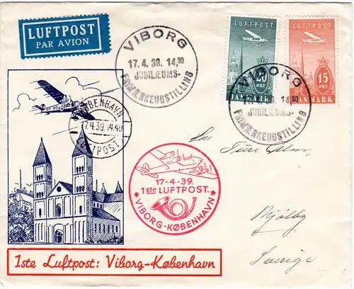 Dänemark 1939, 15+20 öre Luftpost auf schönem Erstflug Brief Viborg-Kopenhagen