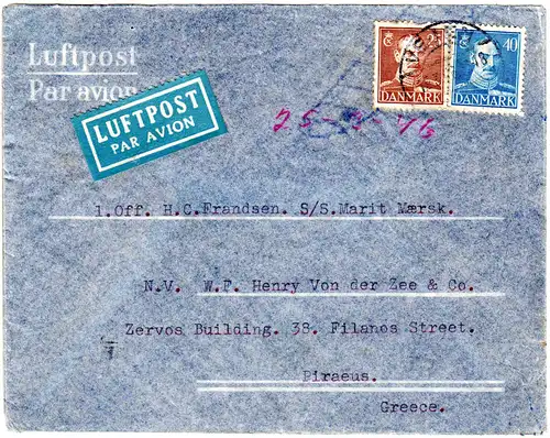 Dänemark 1946, 25+40 öre auf Luftpost Brief v. VEJEN n. Griechenland