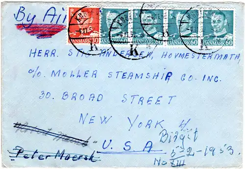 Dänemark 1952, 30+4x65 öre auf Luftpost Brief v. Kopenhagen n. USA