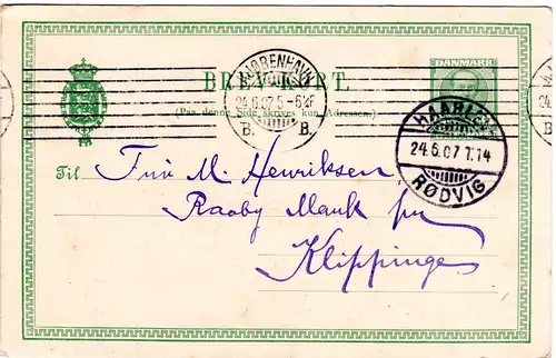 Dänemark 1907, Bahnpost Stpl.  HAARLEV-RÖDVIG klar auf 5 öre Ganzsache