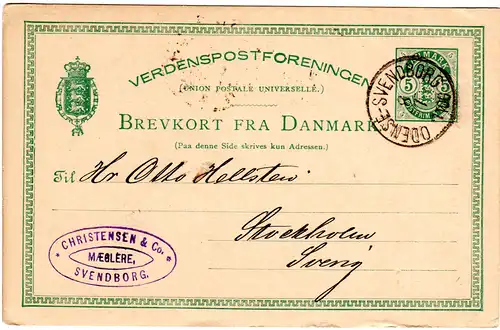 Dänemark 1885, Bahnpost Stpl. ODENSE-SVENDBORG klar auf 5 öre Ganzsache