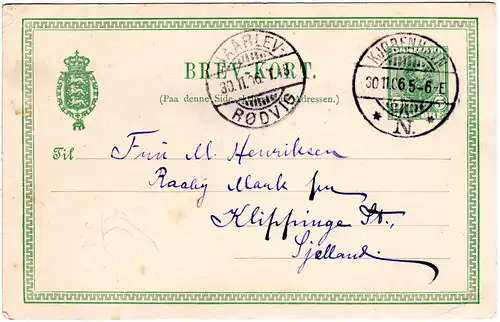 Dänemark 1906, Bahnpost Stpl. HAARLEV-RÖDVIG auf Ganzsache v. Kopenhagen.