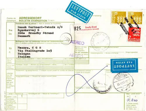 Dänemark 1980, 2+Paar 10 Kr auf Luftpost Paketkarte v. Bröndby Strand n. Italien
