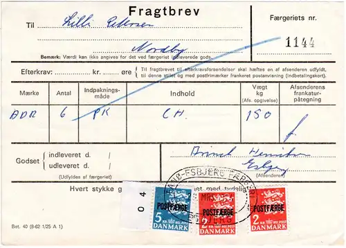 Dänemark 1974, 5+2x2 Kr. Postfaerge auf Frachtbrief FANÖ-ESBJERG