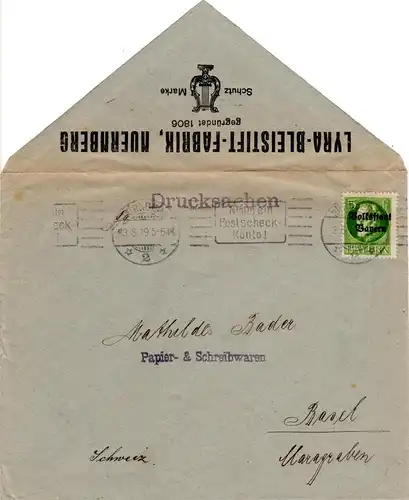Bayern 1919, EF 5 Pf Volksstaat auf Auslands Drucksache v. Nürnberg i.d. Schweiz