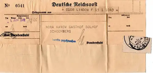 DR 1942, Telegramm aus Lindow m. Stpl. u. Verschlussetikett v. FREUDENSTADT