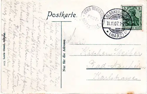 DR 1907, Posthilfstelle Burg Regenstein auf Karte m. 5 Pf. u. Stpl. Blankenburg