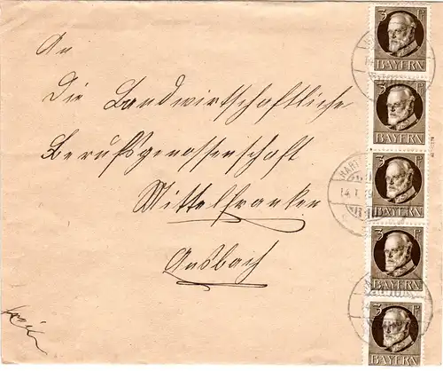 Bayern 1919, MeF senkr. 5er-Streifen 3 Pf. auf Brief v. HARTMANNSHOF. Geprüft