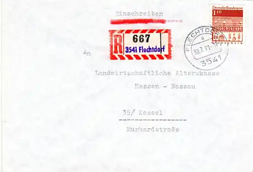 BRD 1971, 1,10 M. auf Reko Brief m. eingestempeltem R-Zettel v. 3541 Flechtdorf