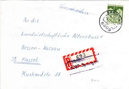 BRD 1971, m. Landpost Stpl. eingestempelter R-Zettel auf Brief v. SPRINGEN