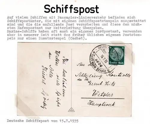 DR 1935, Stpl. Dt. Schiffspost M/S MONTE SARMIENTO auf Schiffs AK m. 6 Pf.