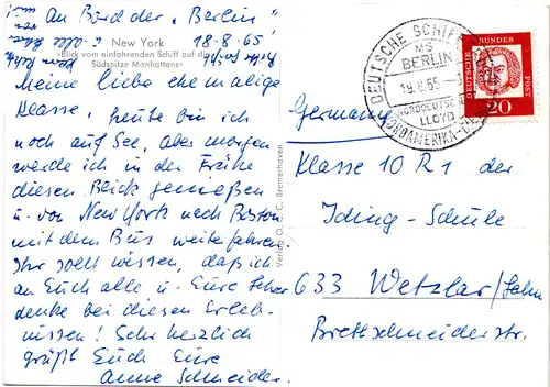 BRD 1965, Stpl. Dt. Schiffspost M/S BERLIN auf Karte aus USA m. 20 Pf. 