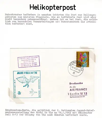 BRD 1963, 15 Pf. auf Karte m. Helikopter Flug ULM-München zum Air France Flug
