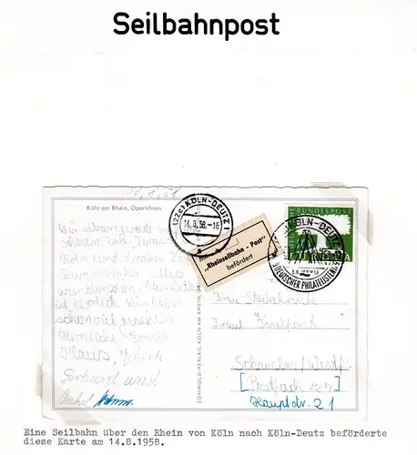BRD 1958, Seilbahnpost zum 69 Dt. Philatelistentag, Karte v.  Köln-Deutz