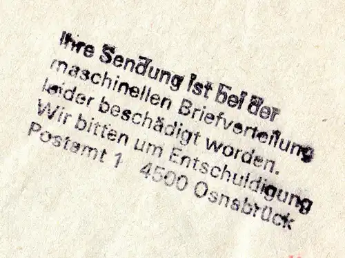 BRD 1989, Briefautomation, beschädigter Brief v. OSNABRÜCK  m. Hinweis Stempel.