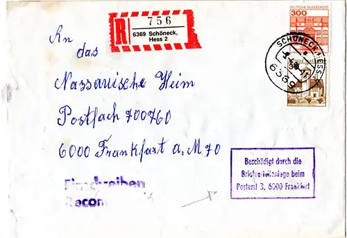 BRD 1984, Briefautomation, beschädigter Brief v. SCHÖNECK m. Hinweis Stempel.
