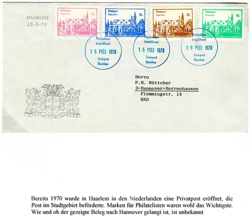 NL 1970, Private Stadtpost HAARLEM, 4 Marken auf Brief n. Hannover