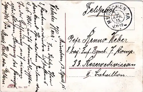Bayern 1915, Reservestempel MÜNCHEN 40 Tegernseerlandstr. klar auf Feldpostkarte