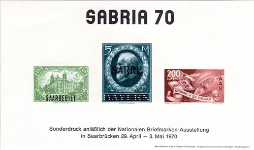 Saarbrücken, Erinnerungsblock m. Nachdruck v. 3 Saar Marken zur Ausstellung 1970