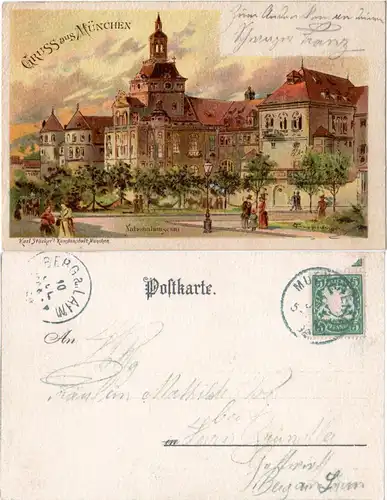 Gruss aus München m. Nationalmuseum, 1898 gebr. Litho AK m. AnkStpl Berg am Laim