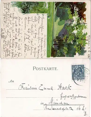 Bayern 1898, Private Stadtpost München, 1 1/2 Pf. auf Künstler AK  Engl. Garten