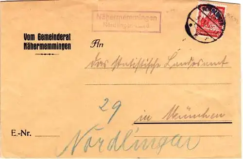DR 1932, Landpost Stpl. Nähermemmingen Nördlingen Land auf Brief m. 15 Pf. Type!