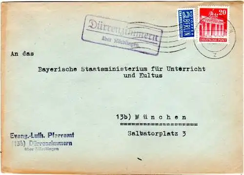 BRD 1951, Landpost Stpl. DÜRRENZIMMERN über Nördlingen auf Brief m. 20 Pf.
