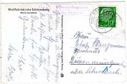 BRD 1951, Landpost Stpl. 13b DÜRRENZIMMERN über Nördlingen auf Karte m. 10 Pf.