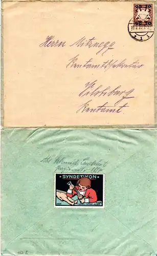 Bayern 1920, 20/3 Pf. auf Brief v. Landshut m. rückseitiger Verschluss Vignette
