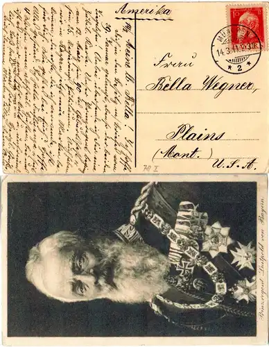 Bayern 1911, 10 Pf. Luitpold Type I auf entsprechender AK v. München n. USA