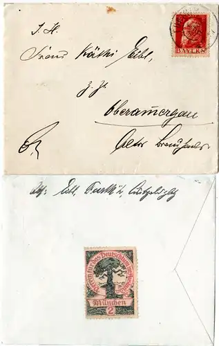 Bayern 1911, 10 Pf. auf Brief v. FÜRTH m. rücks. Deutschtum Spenden Vignette