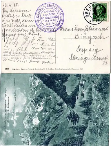 Bayern 1915, 5 Pf. auf AK v. Einödsbach m. Gasthaus Cachet u. Stpl. Oberstdorf