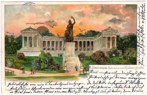 München, Bavaria m. Ruhmeshalle, attraktive 1901 gebr. Farb-AK