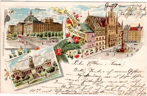 Gruss aus München m. Justizpalast u. Rathaus, 1898 gebr. Litho-AK