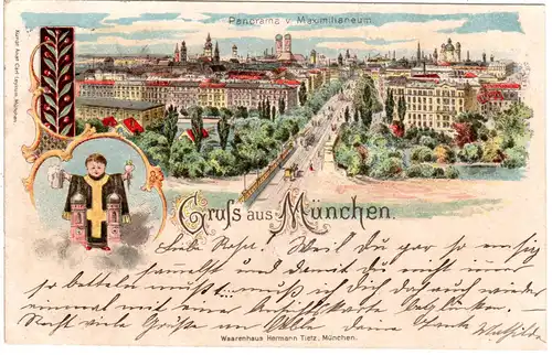 Gruss aus München, Panorama v. Maximilianeum, 1899 gebr. Litho-AK