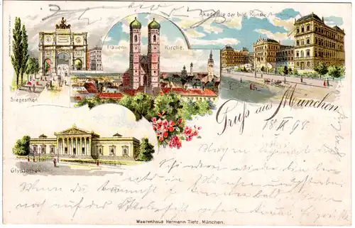 Gruss aus München m. Glyptothek u. Akademie, 1898 gebr. Litho-AK
