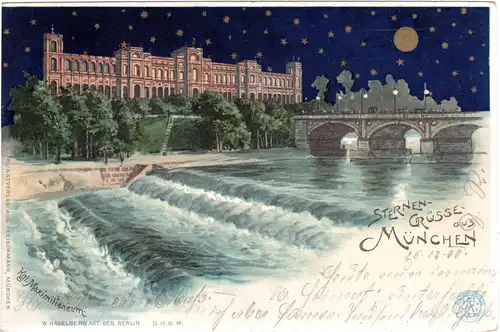 Sternengrüße aus München m. Isar u. Maximilianeum, 1900 gebr. Farb-AK