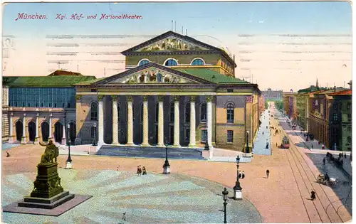 München, Residenztheater u. Maximilianstr. m. Tram Bahn, 1915 gebr. Farb-AK