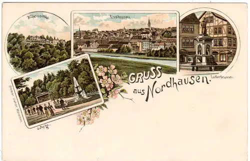 Gruss aus Nordhausen m. Luther Brunnen u. Wilhelmshöhe, ungebr. Litho-AK