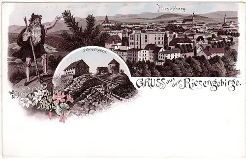 Gruss aus dem Riesengebirge m. Hirschberg u. Schneekoppe, ungebr. Litho-AK