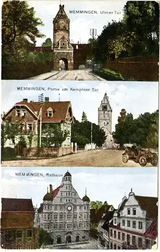 Memmingen, Rathaus, Tore u. Oldtimer, 1915 gebr. Farb-AK