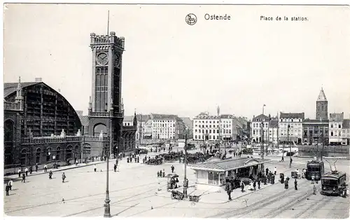 Belgien, Ostende, place de la station, Bahnhof m. Tram Bahn, ungebr. sw-AK