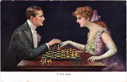 Dame u. Herr beim Schach Spiel, A lost game, ungebr. Farb-AK