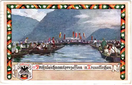 Traunkirchen, Fronleichnamsprozession m. See u. Booten, 1913 gebr. Farb-AK